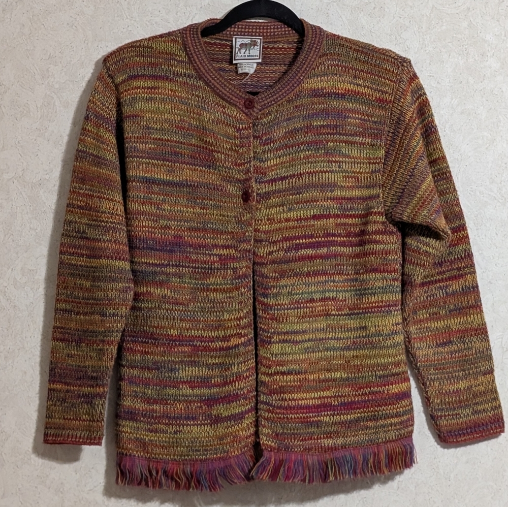 Plaid Moose Multicolor Rainbow Knit Sweater Cardigan Youth M (10-12)